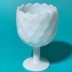 Vintage 1960s White Milk Glass Compote Goblet | Diamond Pattern Pedestal Bowl |